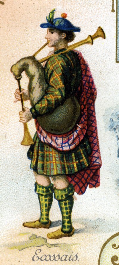 Homme écossais. Édition lithographique parisienne, fin du XIXe siècle. Série de 25 chromos publicitaires pour la manufacture de biscuits Pernot de Dijon, créée en 1869. Détail des personnages en costume traditionnel - French School