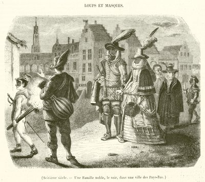 Seizieme siecle, Une Famille noble, le soir, dans une ville des Pays-Bas (engraving) - French School