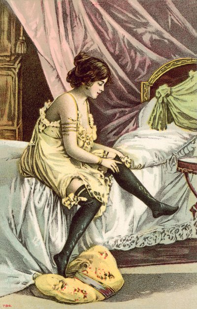 Fille à demi-nue, assise sur un lit, ajustant ses bas - French School