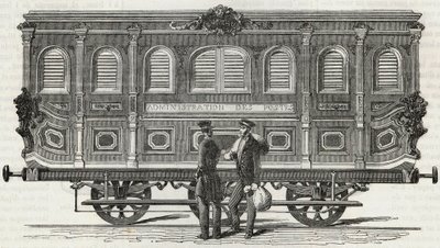 Service des Postes - vue extérieure du bureau ambulant - Gravure dans « Tableau de Paris » par Edmond Texier 1852 - French School