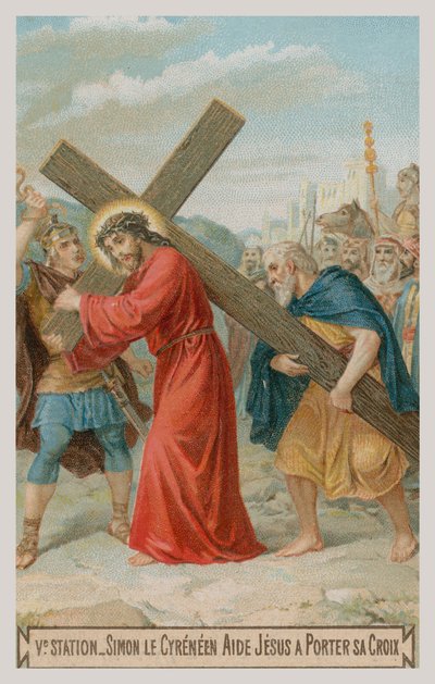 Simon de Cyrène aide Jésus à porter la croix. La cinquième station de la croix - French School