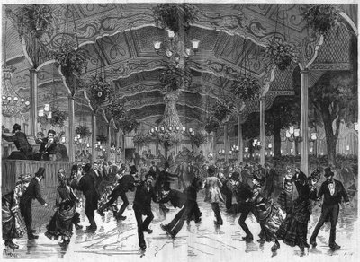Piste de patinage à Bullier. Piste de danse en patins à roulettes au Bal Bullier à Paris. Gravure dans « L
