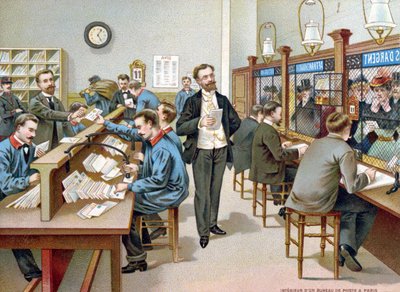 Tri du courrier dans un bureau de poste parisien, illustration d