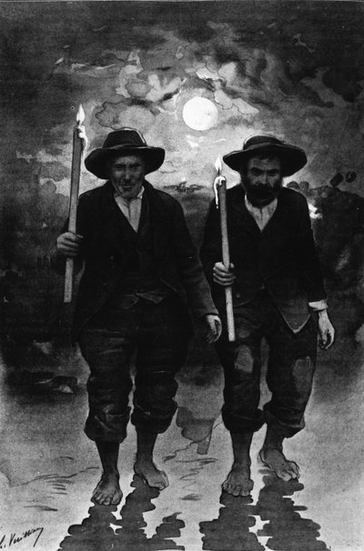 Source et malade : deux hommes, une nuit de pleine lune, chacun tenant une bougie et marchant pieds nus (procession ?) - dans « Journal des voyages » - French School