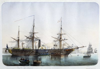 Frégate à vapeur dans le port de Toulon, vers 1850 - French School
