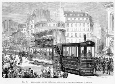 Remorqueur à vapeur pour voitures de tramway expérimentées à Paris, de la gare Montparnasse à la Bastille - dans « Les nouvelles conquêtes de la science » par Louis Figuier - French School