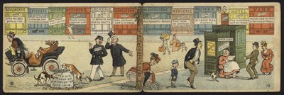 Scène de rue avec une rangée de magasins fermés et des toilettes publiques fermées - French School