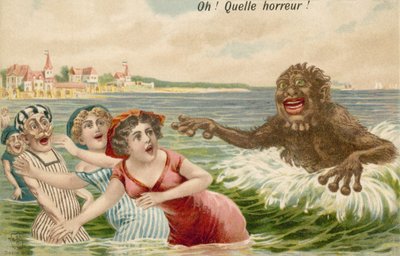 Nageurs poursuivis par un monstre marin - French School