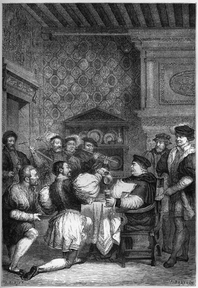 THOMAS CARDINAL WOLSEY (1475? -1530) EST SERVI À TABLE PAR DES NOBLES ET DES GENTLEMEN - THOMAS WOLSEY (1475? -1530) est servi à genoux par ses hommes de rang le plus élevé - gravure dans « L