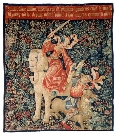 Tapisserie représentant Mille-fleurs et la Charité surmontant l
