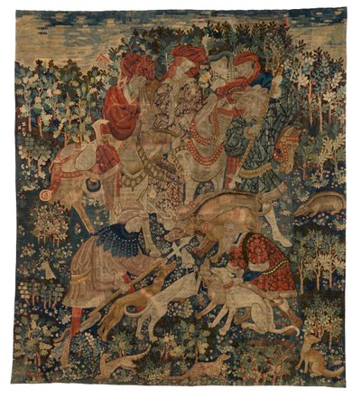 Fragment de tapisserie représentant une chasse au sanglier - French School