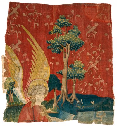 Fragment de tapisserie représentant un ange dans un paysage, de l