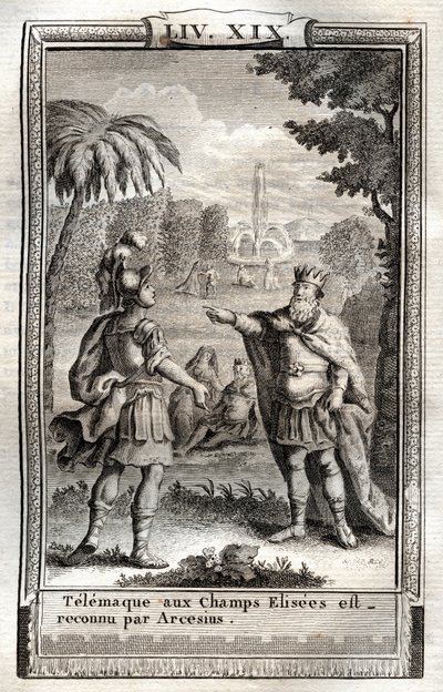 Télémaque aux Champs Élysées est reconnu par Arcésius - gravure de 1798 d