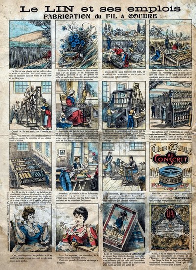 Textile, lin. Les étapes de la couture, fabrication, utilisation et commercialisation du lin pour faire du fil à coudre. Gravure. Imagerie d