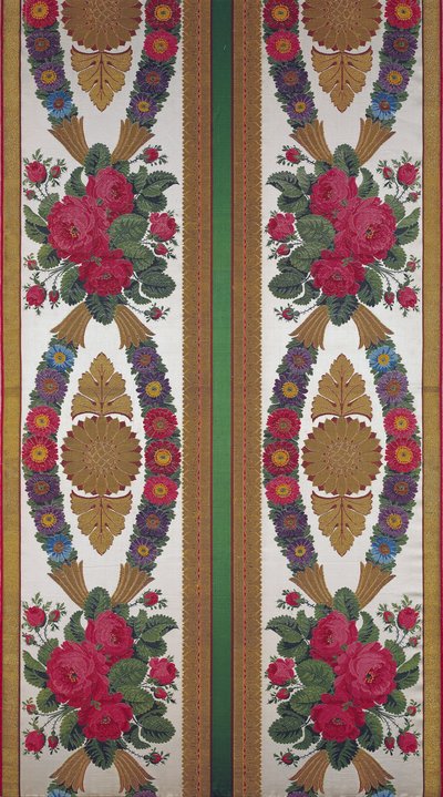 Textile avec des guirlandes de marguerites et des bouquets de roses, Cousin et Bony, Bissardon, Lyon, 1811 - French School