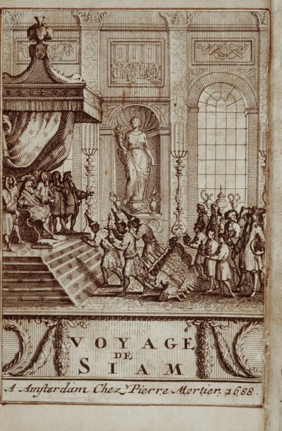 Ambassadeurs thaïlandais reçus à Paris par Louis XIV, frontispice du Voyage au Siam par Guy Tachard, 1688 - French School