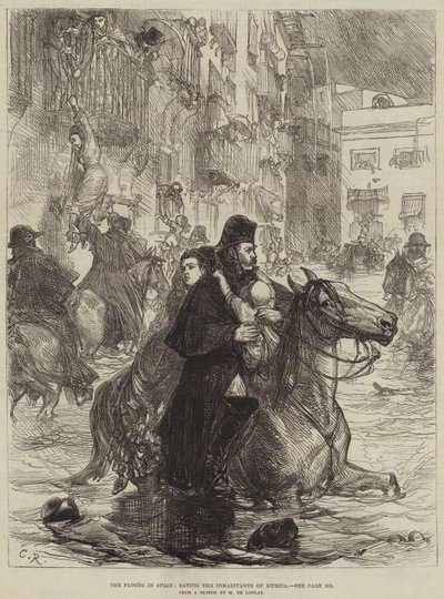Les Inondations en Espagne, sauvetage des habitants de Murcie (gravure) - French School
