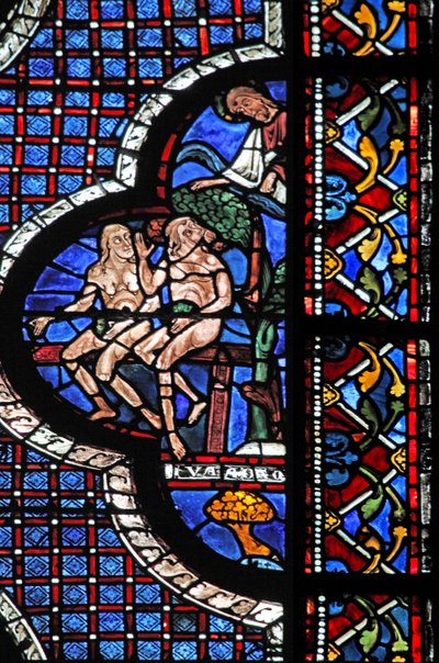La fenêtre du Bon Samaritain : Dieu appelle Adam et Ève (avec des feuilles de figuier) - French School