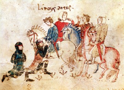 Les chevaliers Esclabor et Arphasar offrent leurs services au roi Arthur, du Roman de Meliadus - French School