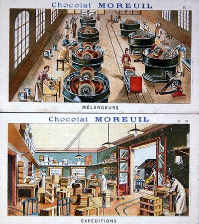 La fabrication et la distribution du chocolat, image publicitaire pour le chocolat Moreuil, c.1900 - French School