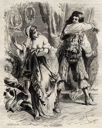 Le Marquis de Montespan, Louis Henri de Pardaillan de Gondrin (1640-1691), gifle sa femme, la Marquise de Montespan (Françoise Athénaïs) de Rochechouart Mortemart (ou Madame de Montespan) (1640-1707), car elle lui a refusé par ordre du roi - French School
