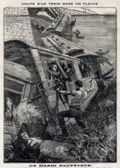 Le train de Buffalo à New York tombe dans une rivière aux États-Unis : un homme tente de sauver des passagers en danger de noyade. Dans "Le Petit Parisien" du 7/11/1897. Collection privée - French School