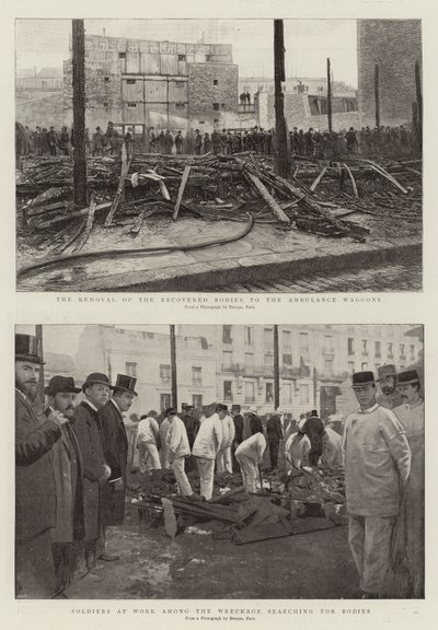 Le transfert des corps retrouvés aux wagons-ambulances, soldats travaillant parmi les débris à la recherche de corps (gravure) - French School