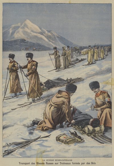 La guerre russo-japonaise : transport de soldats russes blessés sur des traîneaux faits de skis - French School