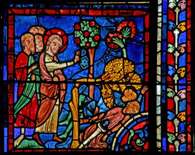 Le vitrail de Saint Martin : le saint fait tomber un arbre sur le païen - French School