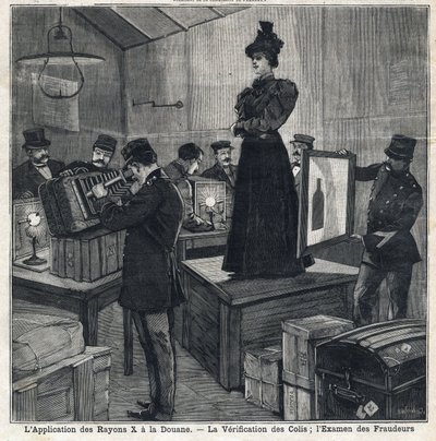 Application des rayons X : vérification des colis et examen des fraudeurs. Dans "Le Petit Parisien" le 11/07/1897. Collection privée - French School