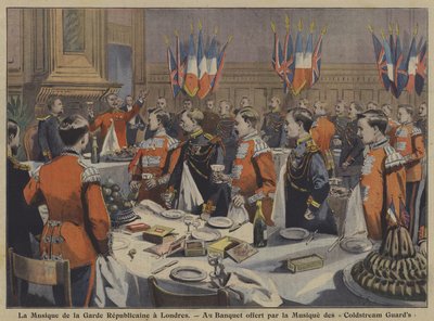 La fanfare de la Garde républicaine française assistant à un banquet organisé par la fanfare des Coldstream Guards à Londres - French School