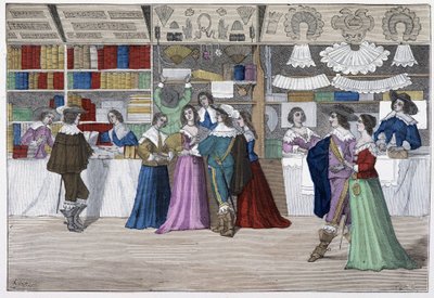 Les boutiques de la galerie du Palais de Justice sous Louis XIII - dans "Paris à travers les siècles" - French School