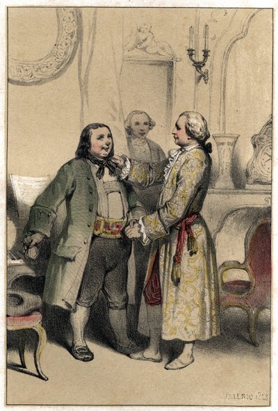 Le compositeur Joseph Haydn reçoit un homme venu lui demander de composer un menuet pour le mariage de sa fille. Planche tirée de "Scènes de la vie des hommes célèbres" gravure en deux teintes par Valerio. 1843. - French School