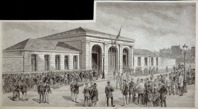 La foule devant la morgue à Paris en 1886 - French School