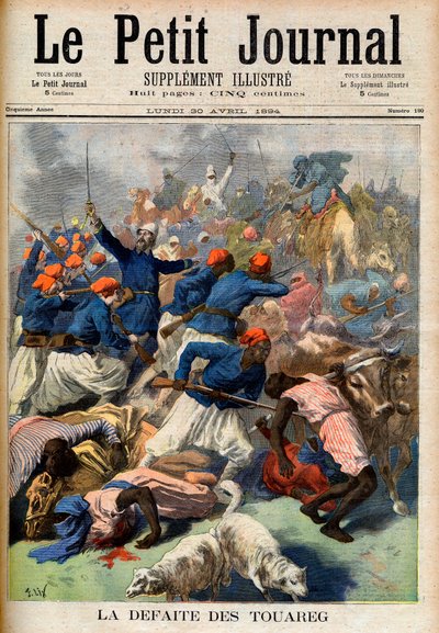 La défaite des Touaregs. Troupes coloniales françaises sous le commandement du lieutenant-colonel Joseph Joffre (1852-1931). Illustration pour Le Petit Journal, 30 avril 1894. - French School