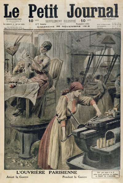Les différents types de travail pour les femmes parisiennes avant et pendant la Première Guerre mondiale, illustration de couverture de Le Petit Journal, 26 novembre 1916 - French School