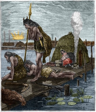Les premiers Parisiens, ou habitants de Lutèce (Paris) (hutte sur pilotis) Gravure de 