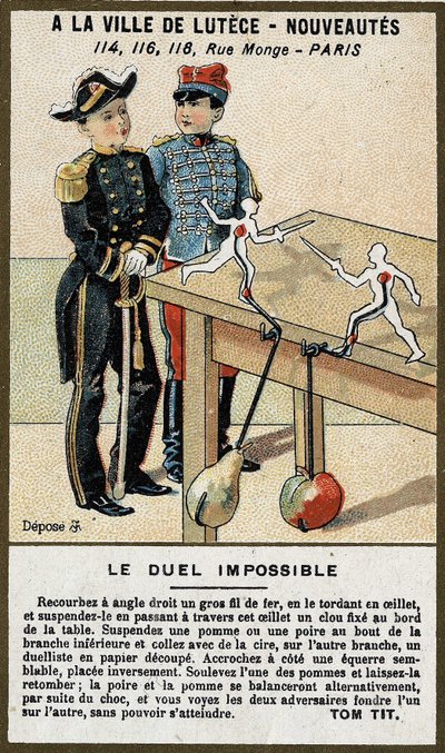 Le duel impossible : carte pour enfants expliquant un jeu à construire soi-même. Chromolithographie du 19ème siècle. - French School