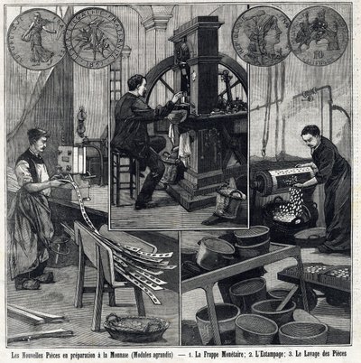 Les nouvelles pièces françaises en préparation montrent les pièces et les étapes de fabrication (frappe monétaire, estampage et lavage des pièces). Dans « Le Petit Parisien » - French School