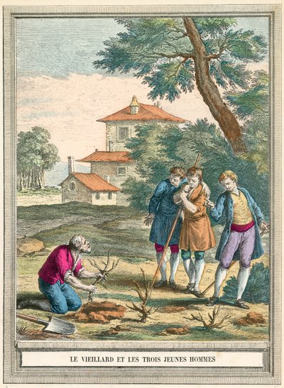 Le vieil homme et les trois jeunes hommes - French School