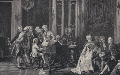 Le jeune Wolfgang Amadeus Mozart jouant devant le roi George III à Londres, 1764 - French School