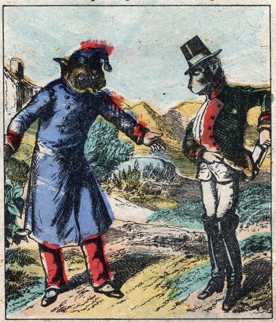 Le lion malade et le renard. Fables de Jean de La Fontaine (1621-95). Imagerie d