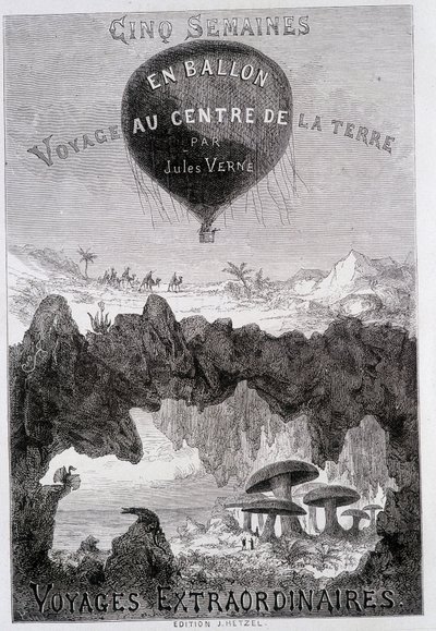 Page de titre : « Cinq semaines en ballon » et « Voyage au centre de la Terre » par Jules Verne, sd. Éditions Hetzel sous le nom général « Les Voyages extraordinaires » - French School