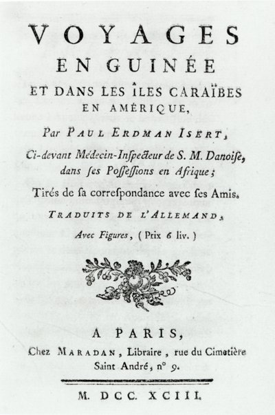 Page de titre de Voyages en Guinée et dans les Îles Caraïbes en Amérique par Paul Erdman Isert, publié en 1743 - French School