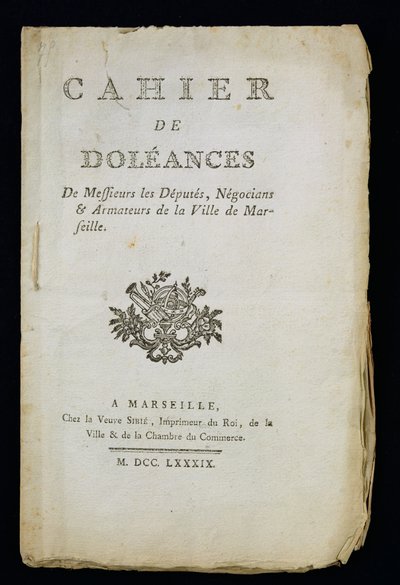 Page de titre du Livre des plaintes des députés, marchands et armateurs de Marseille, 1789 - French School