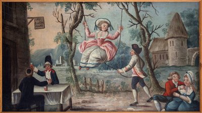 Aux trois ordres réunis. Le Clergé, la Noblesse et le Tiers État réunis dans une taverne. Une jeune femme se balance. Enseigne peinte de marchand de cocardes, viendrait du Palais Royal, peinture anonyme, période révolutionnaire - French School