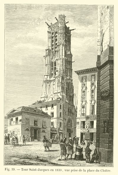 Tour Saint-Jacques en 1830, vue prise de la place du Cloître - French School