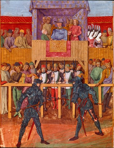 Scène de tournoi opposant deux chevaliers en armure miniature de « Le Jouvencel » par Jean V de Bueil (1406-1477) - French School