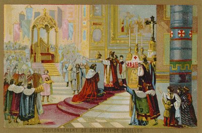 Carte de commerce avec une image du couronnement de Godefroy de Bouillon - French School