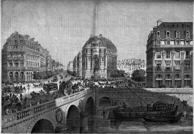 Transformations de Paris sous le Second Empire, Haussmann Paris : vue de la fontaine Saint Michel (1860) sur le boulevard de Sébastopol. Gravure dans « Le Monde Illustré » n°175 du 18 août 1860 - French School
